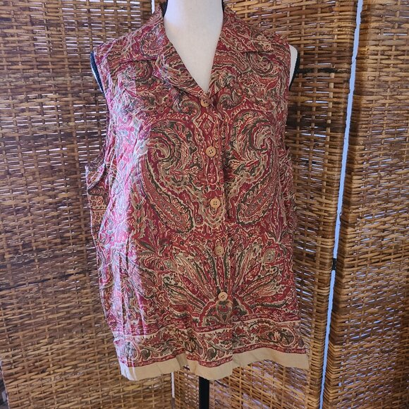 VTG Jones New York Sleeveless Blouse Paisley Silk Linen Blend SZ 12 Wood Buttons - Picture 1 of 7